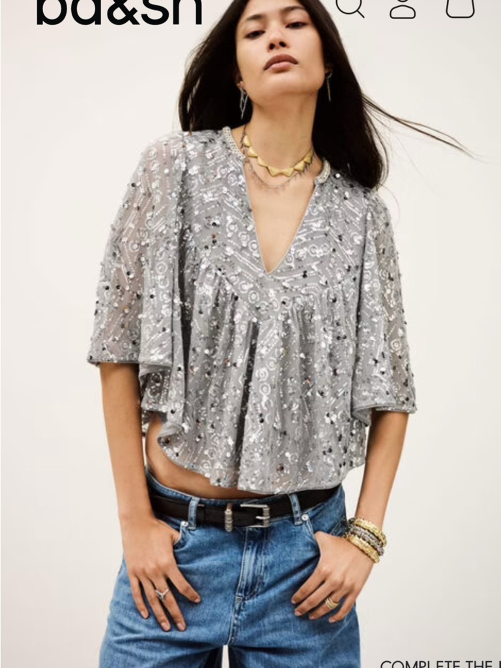 ba&sh Silver Sequin V-Neck Draped Blouse
